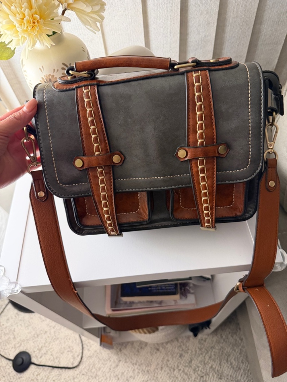 Leather Messenger Bag - Brown & Dark Gray